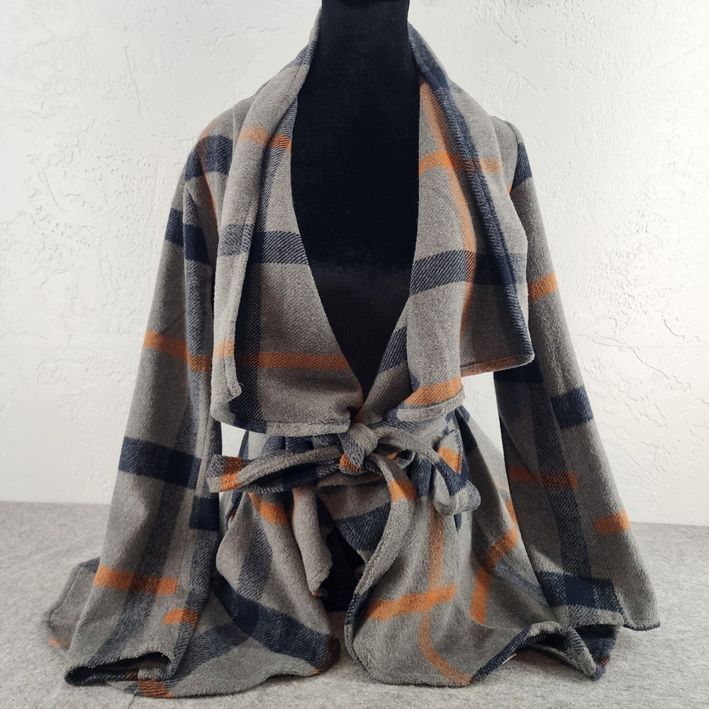 FAVLUX Gray Plaid Wool Blend Waterfall Belted Wrap Sweater Jacket Women S